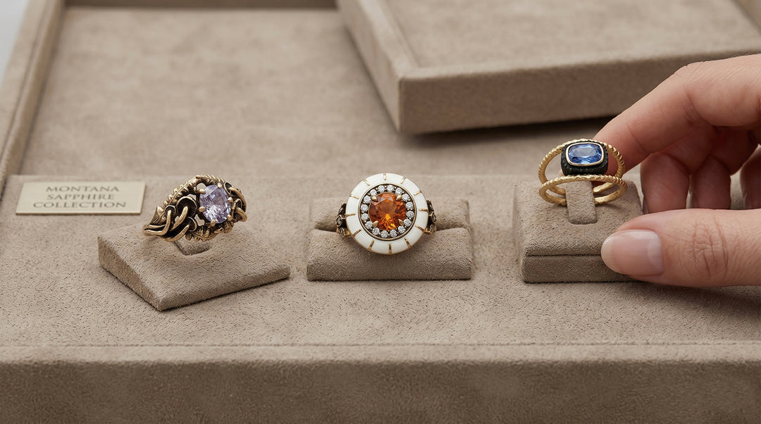 three sapphire engagement rings with lilac orange and blue Montana sapphires