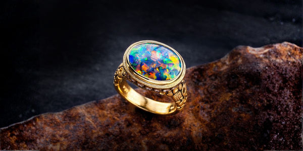 Fine opal ring with vivid play-of-color from Alara Jewelry in Bozeman, Montana.