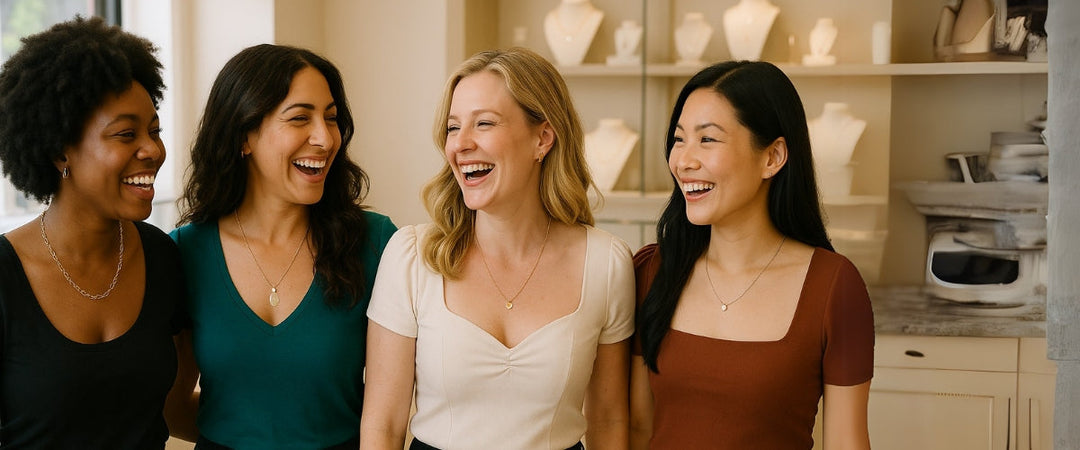 Diverse women wearing different necklines and matching necklaces in a jewelry boutique setting
