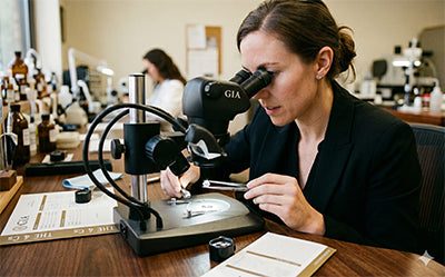 GIA Graduate Gemologist checking a loose diamond under a gem microscope against its GIA Diamond Report