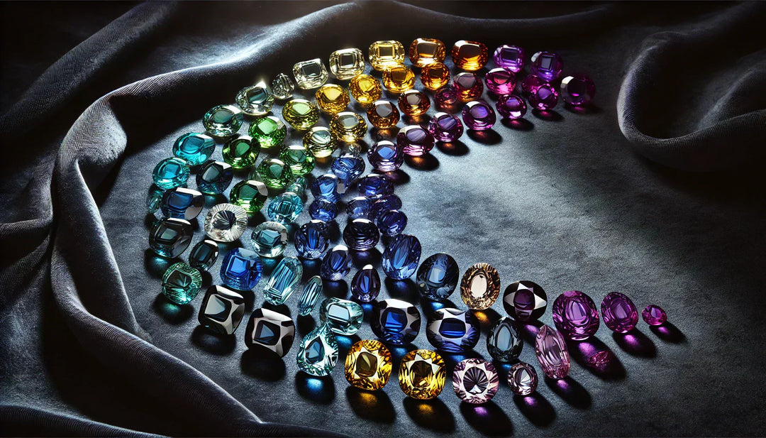 A rainbow arc of ethically sourced sapphires in various colors, including blue, teal, yellow, pink, green, orange, and colorless, showcasing the diverse and rare beauty of sapphire gemstones