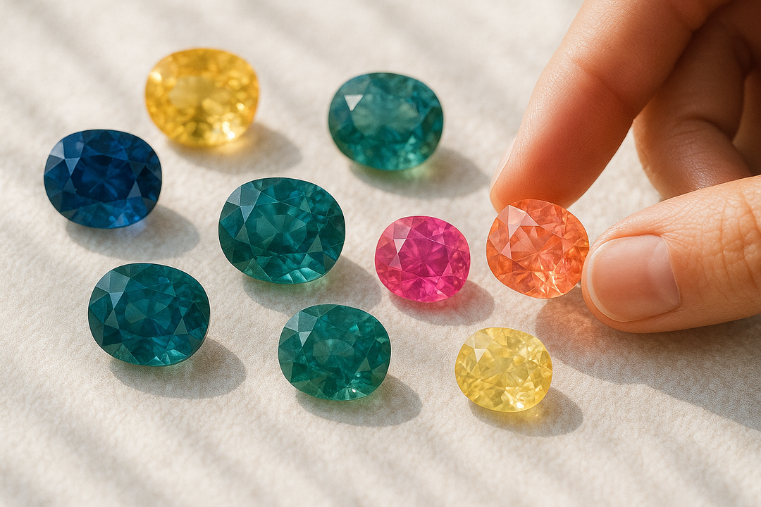 Assorted ethically sourced sapphires in a rainbow of colors including a featured Montana sapphire, arranged on a neutral background under natural light