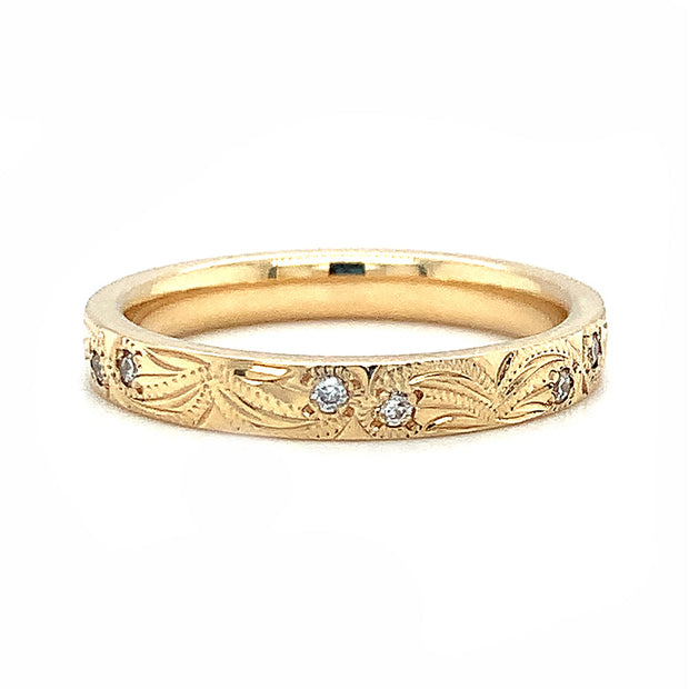 Yellow Gold & Diamond Engraved Band - "Lily"