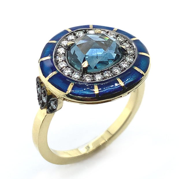 Montana Sapphire, Diamond, & Enamel Ring - "Rock Candy Ocean Mosaic"