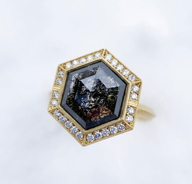 Hexagon Salt & Pepper Diamond Ring - "Agatha Halo"