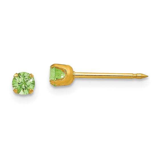 "August" Light Green Crystal Piercing Studs in 14K Yellow Gold