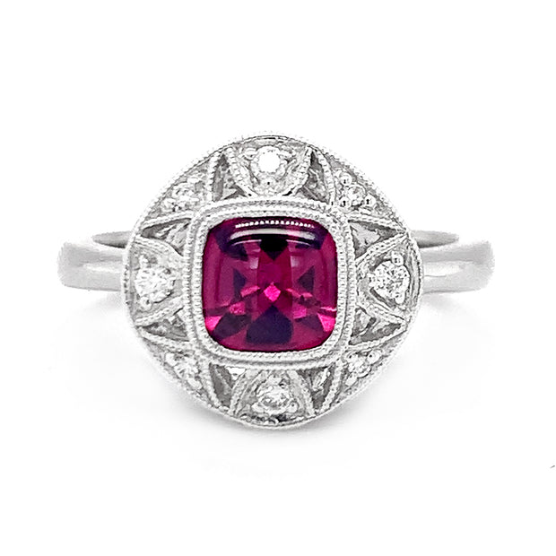 White Gold Diamond and Rhodolite Ring