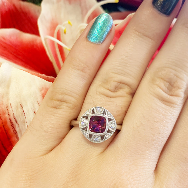 White Gold Diamond and Rhodolite Ring