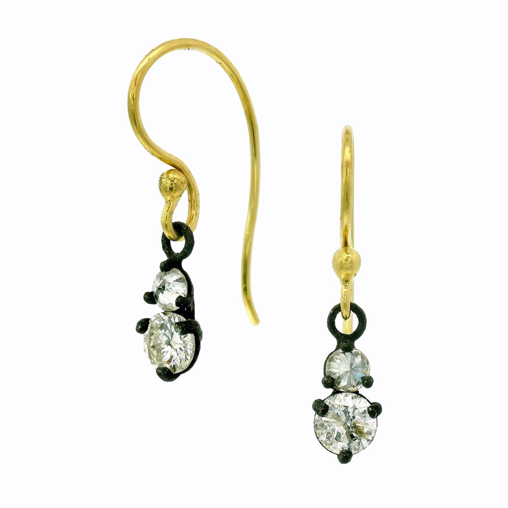 Twin Signal diamond drop earrings by Todd Pownell in darkened gold