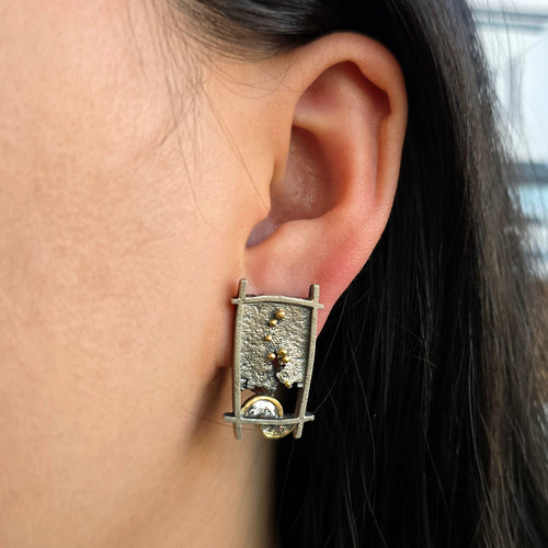 Natural Half-Moon Diamond Stud Earrings in Silver- "Shoji Lantern"