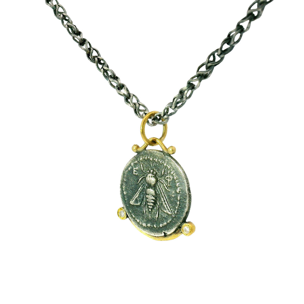 Sterling Silver, Yellow Gold & Diamond Coin Pendant - "Queen Bee"