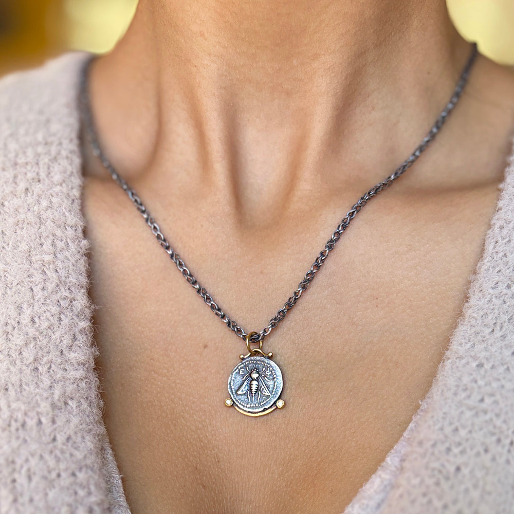 Sterling Silver, Yellow Gold & Diamond Coin Pendant - "Queen Bee"