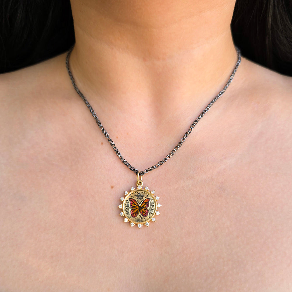 Gold Pendant With Enamel & Diamonds - "Farfalla"