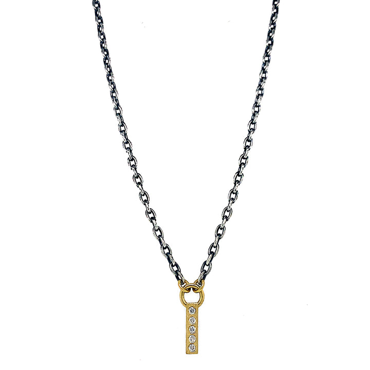 Rene Escobar 18K Yellow Gold 5 Diamond Pendant and Oxidized Sterling Silver Chain Necklace Front