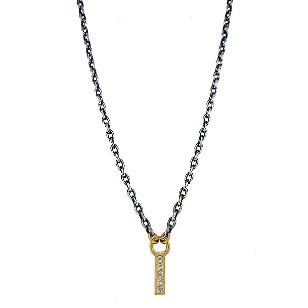 Rene Escobar 18K Yellow Gold 5 Diamond Pendant and Oxidized Sterling Silver Chain Necklace Front