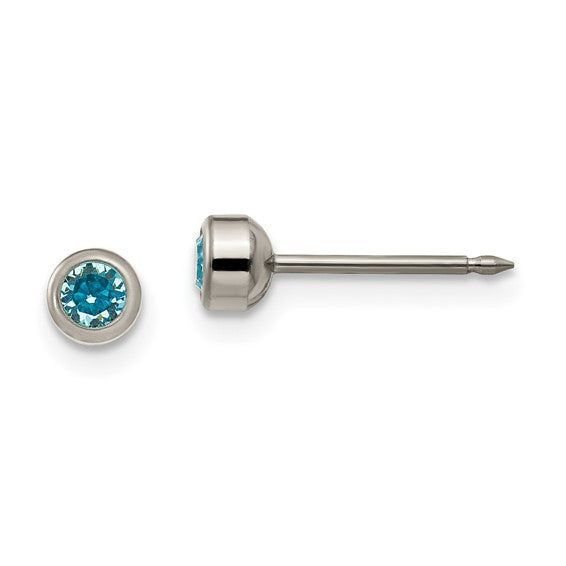 "Big Aqua Bezel" Piercing Studs with 4mm Aqua Blue Crystals in Titanium