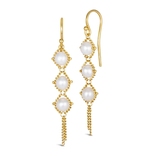 Freshwater Pearl & Gold Textile Drop Earrings