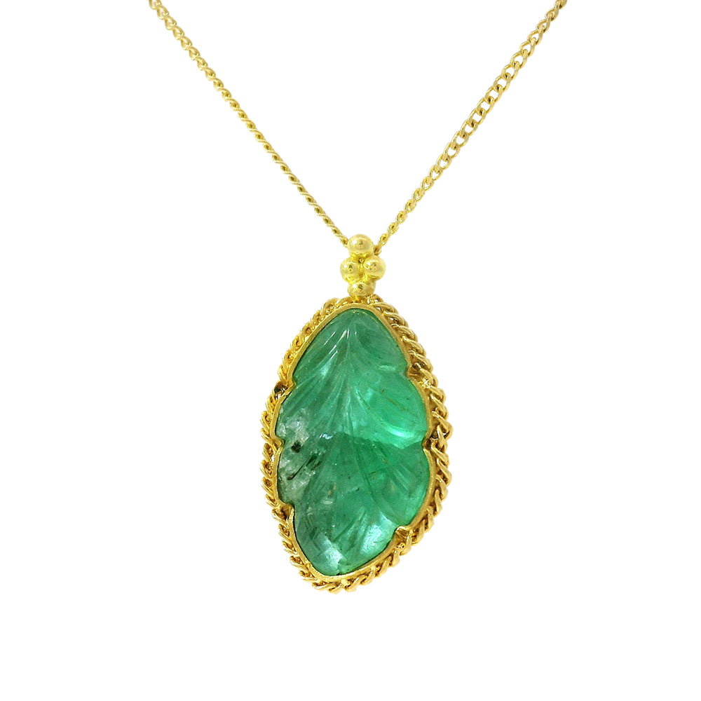 Carved Emerald Leaf & Yellow Gold Necklace - "Persephone's Totem"