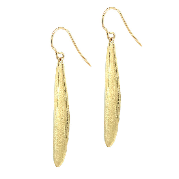 Yellow Gold Leaf Drop Earrings - "Vesta Olive Leaf"