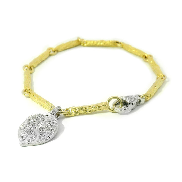 Yellow & White Gold Branch Link Bracelet with Diamond Leaf - "Aspen Pavé"