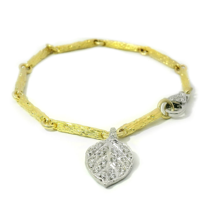 Yellow & White Gold Branch Link Bracelet with Diamond Leaf - "Aspen Pavé"
