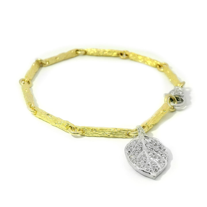 Yellow & White Gold Branch Link Bracelet with Diamond Leaf - "Aspen Pavé"