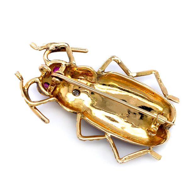 Yellow Gold, Ruby, & Diamond Brooch with Enamel - "The Beetle"