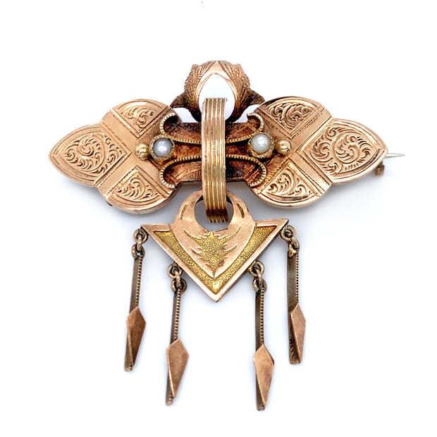 Yellow Gold & Seed Pearl Dangling Brooch - "Golden Moth"