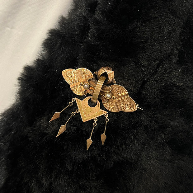 Yellow Gold & Seed Pearl Dangling Brooch - "Golden Moth"