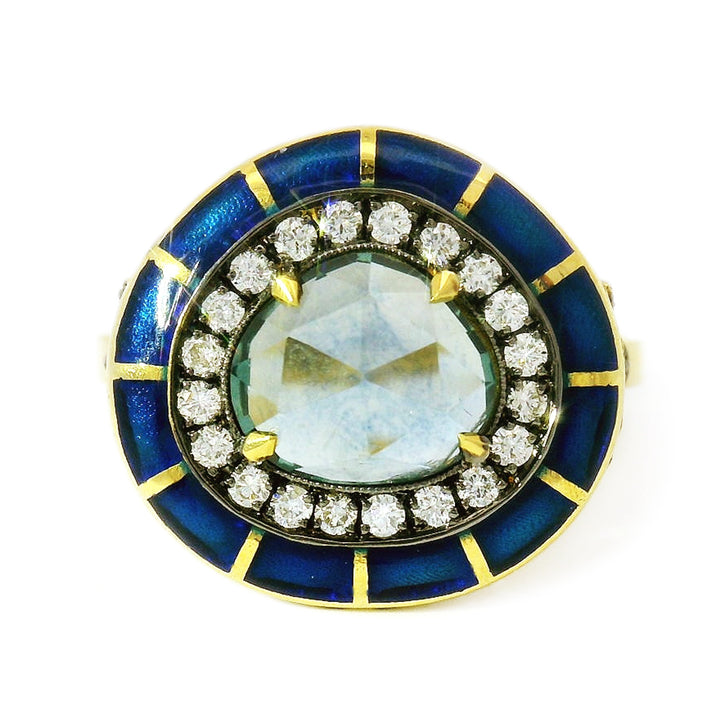 Montana Sapphire, Diamond, & Enamel Ring - "Rock Candy Ocean Mosaic"