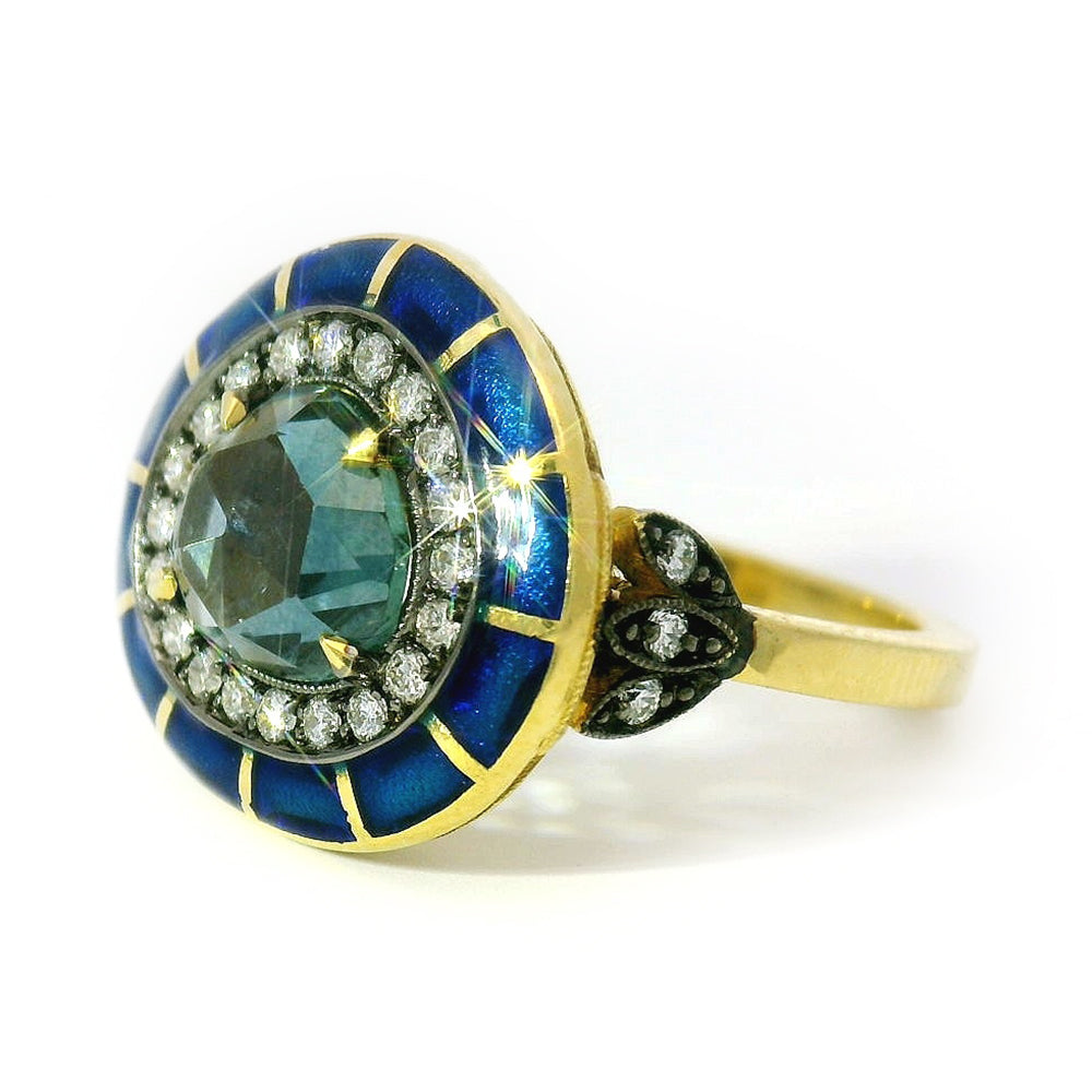 Montana Sapphire, Diamond, & Enamel Ring - "Rock Candy Ocean Mosaic"