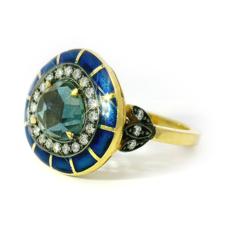 Montana Sapphire, Diamond, & Enamel Ring - "Rock Candy Ocean Mosaic"