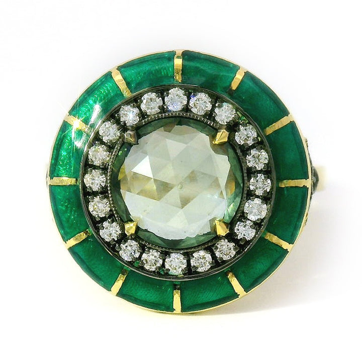 Montana Sapphire, Diamond & Enamel Ring - "Rock Candy Succulent Paradise"