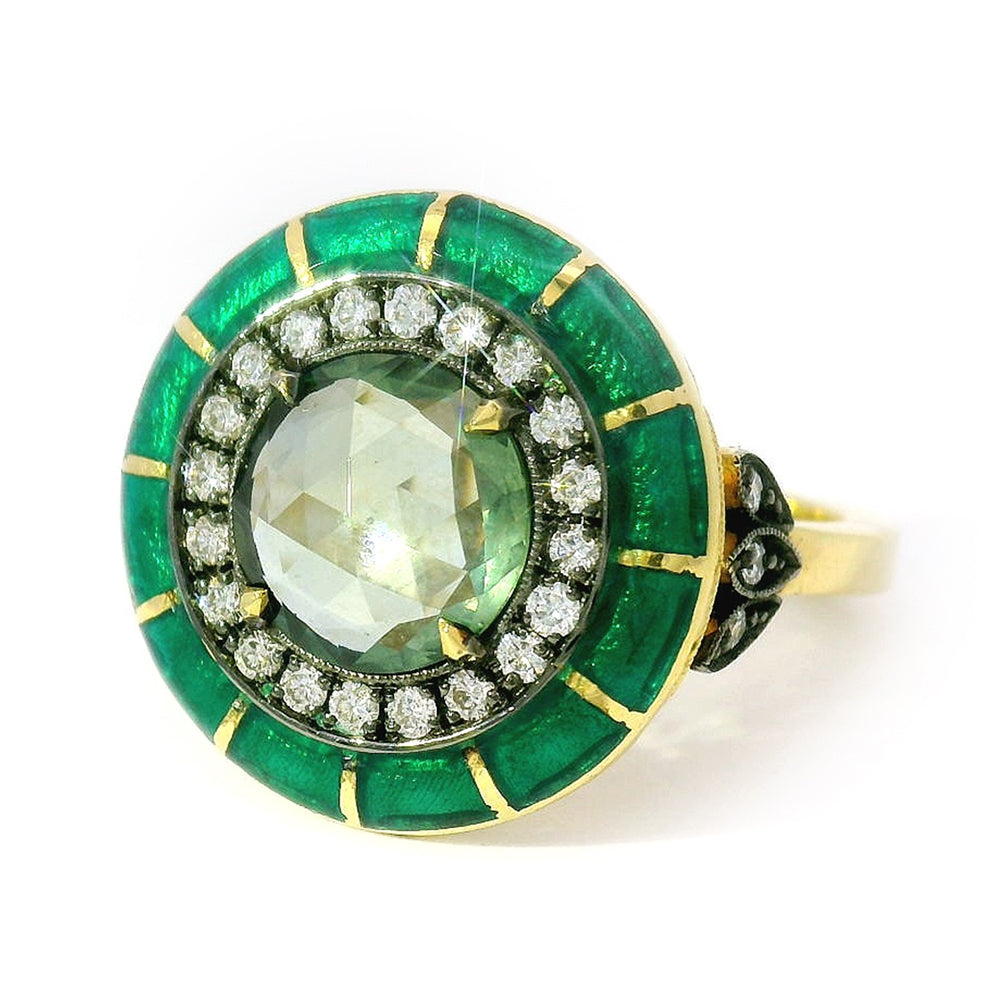 Montana Sapphire, Diamond & Enamel Ring - "Rock Candy Succulent Paradise"