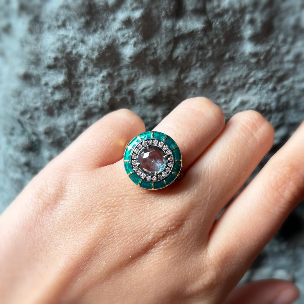 Montana Sapphire, Diamond & Enamel Ring - "Rock Candy Succulent Paradise"