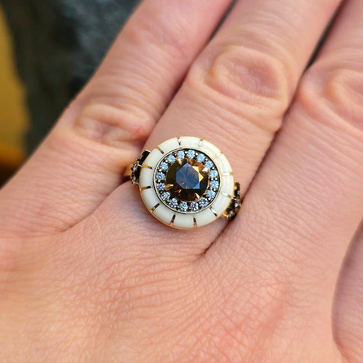 Orange-Brown Montana Sapphire & Enamel Ring - "Rock Candy Caramel Glow"