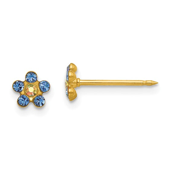 "September Flower" Blue Crystal Piercing Stud in 14K Yellow Gold