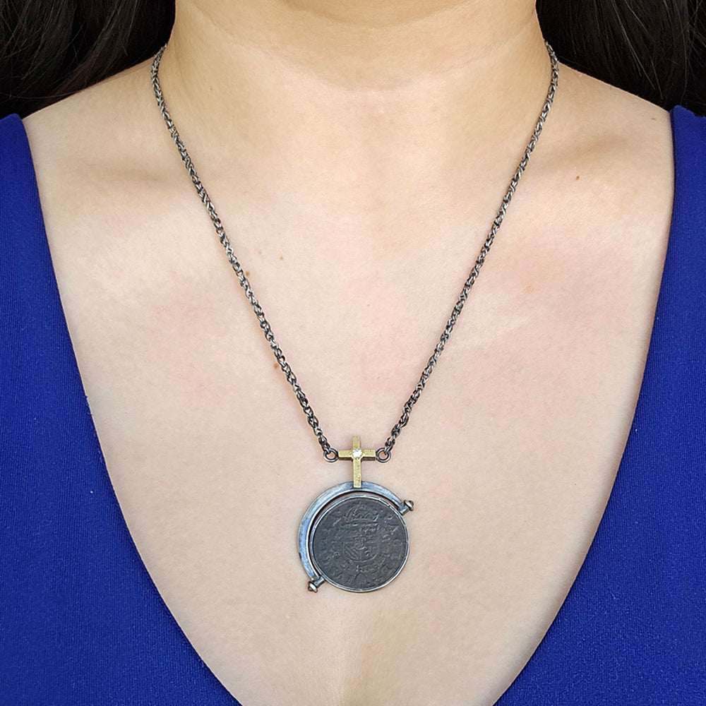 One-of-a-Kind Spanish Liard Coin & Cross Two-Tone Necklace - "Peace & Justice"