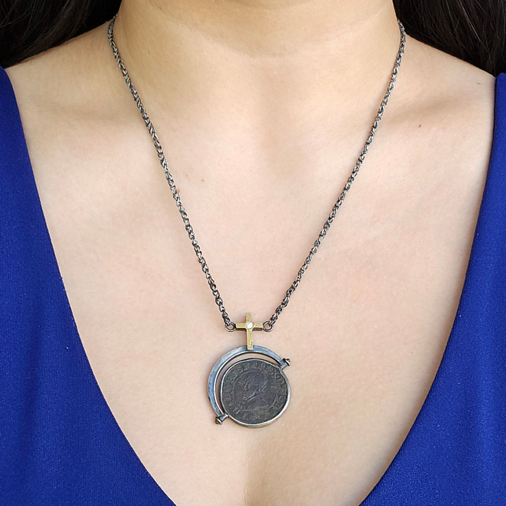 One-of-a-Kind Spanish Liard Coin & Cross Two-Tone Necklace - "Peace & Justice"