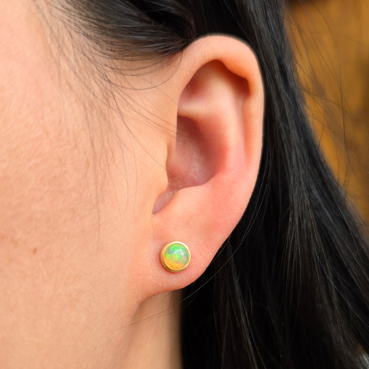 Opal & Yellow Gold Stud Earrings - "Ethereal Glow"