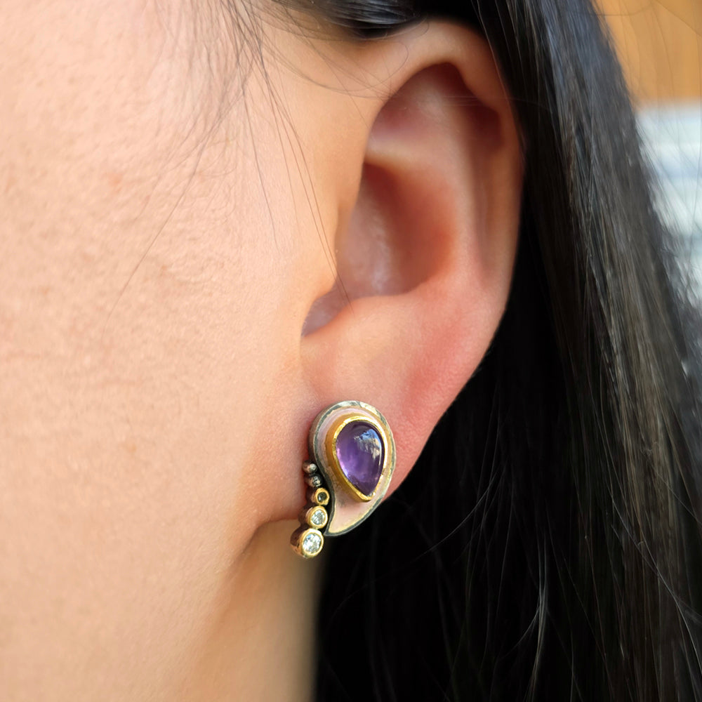 Amethyst & Diamond Mixed Metal Stud- "Medici Vetus"