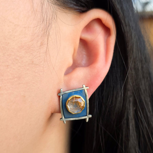 Rutilated Quartz Stud Earrings - "Shoji Sunbeam"
