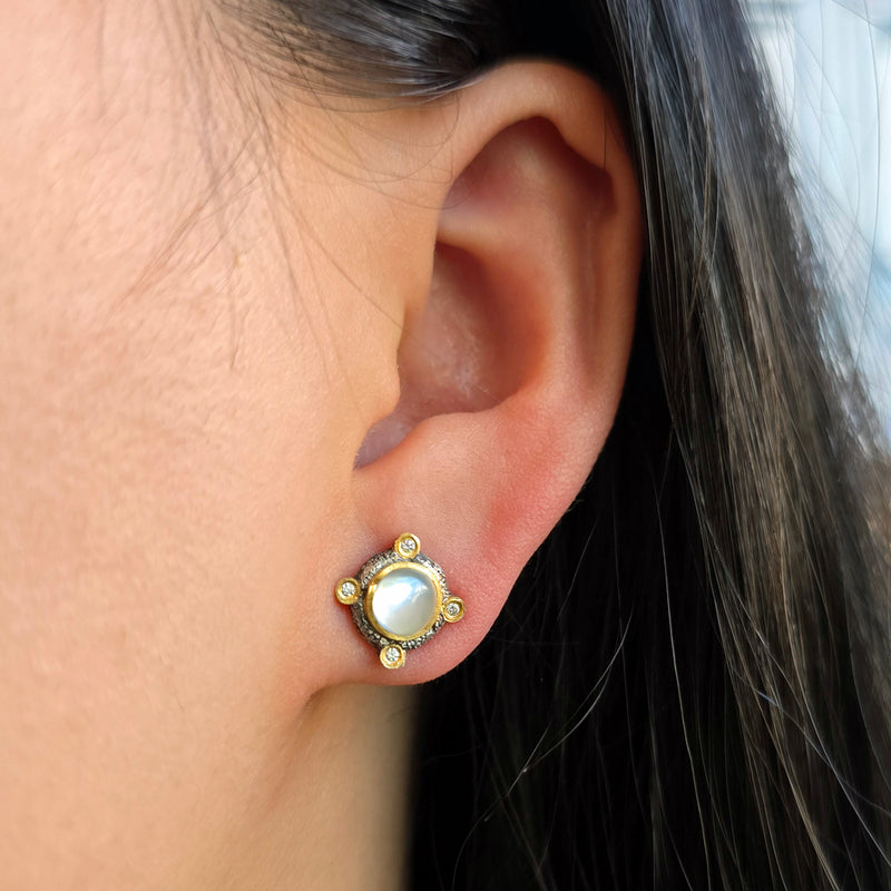 Moonstone & Diamond Mixed Metal Stud Earrings- "Romanesque Alabaster"