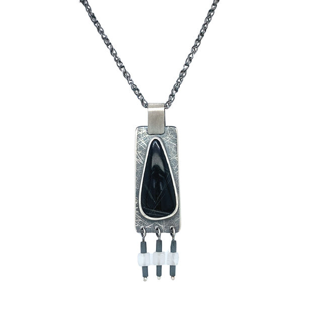 Sterling Silver, Rutile Quartz & Onyx Pendant - "Touch of Night"