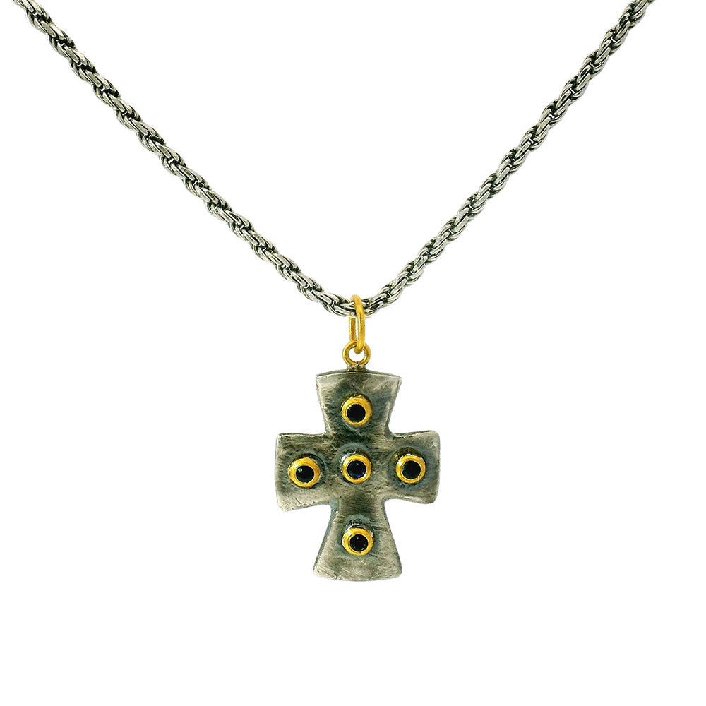 Sterling Silver, Yellow Gold & Sapphire Cross Pendant - "Byzantine"