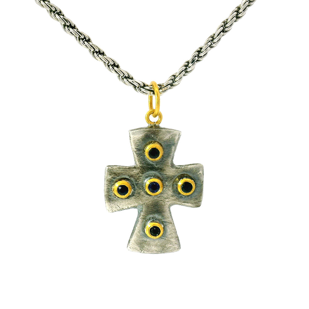 Sterling Silver, Yellow Gold & Sapphire Cross Pendant - "Byzantine"