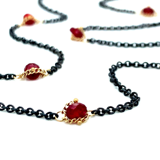 Faceted Ruby Silver & Gold Station Necklace - "Islands of Ruby"