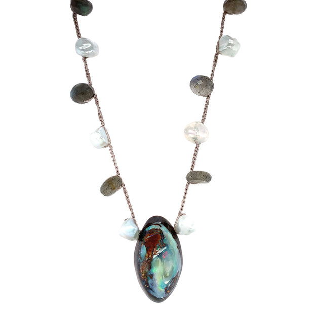 Koroit Opal, Labradorite, & Pearl Necklace - "Sea Cliff"