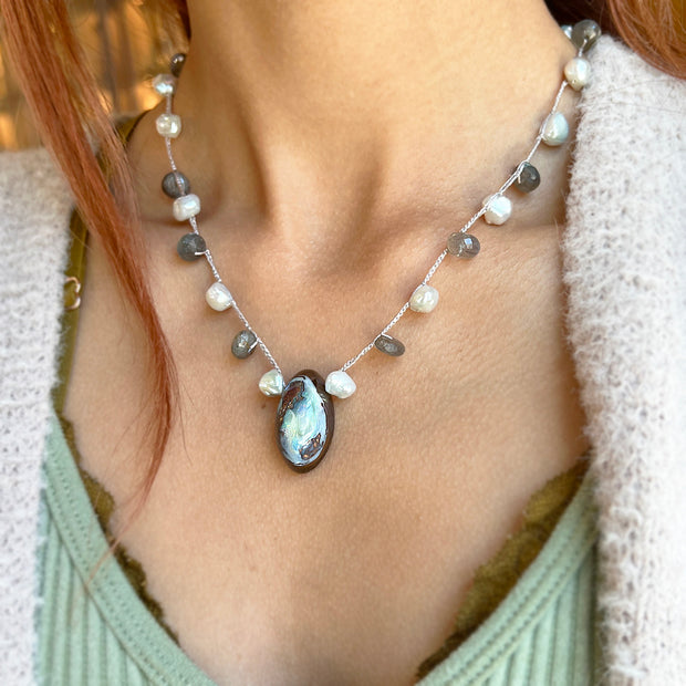 Koroit Opal, Labradorite, & Pearl Necklace - "Sea Cliff"