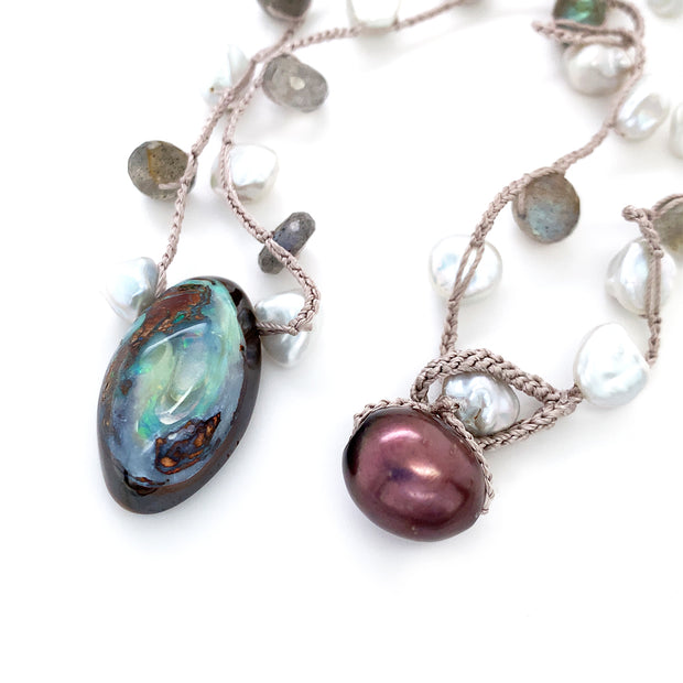 Koroit Opal, Labradorite, & Pearl Necklace - "Sea Cliff"